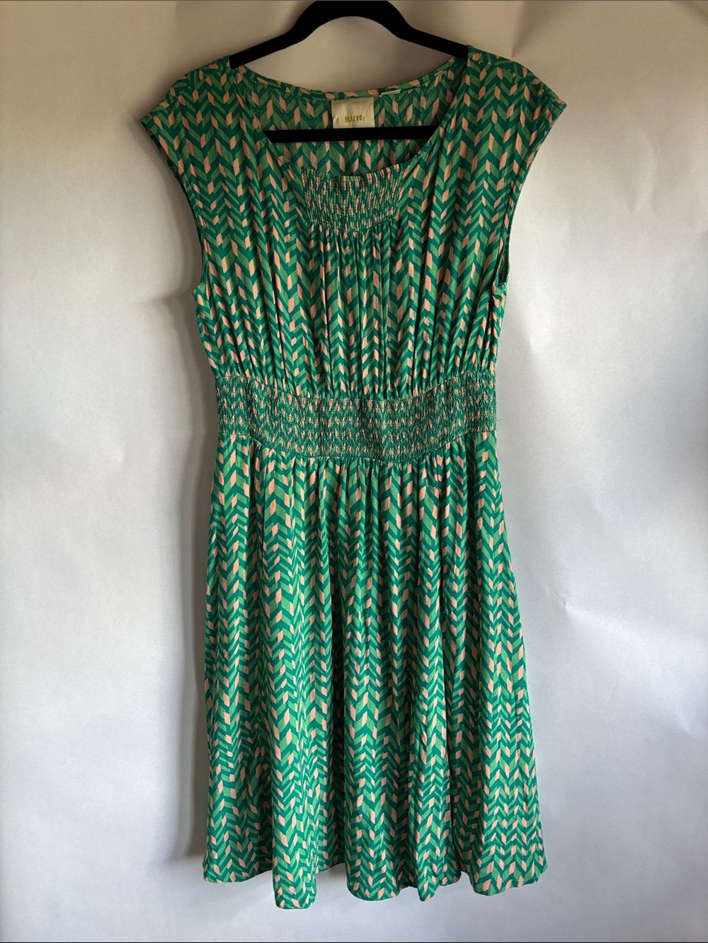 Anthropologie Maeve Sleeveless Green Chevron-Print Shirred Waist Dress